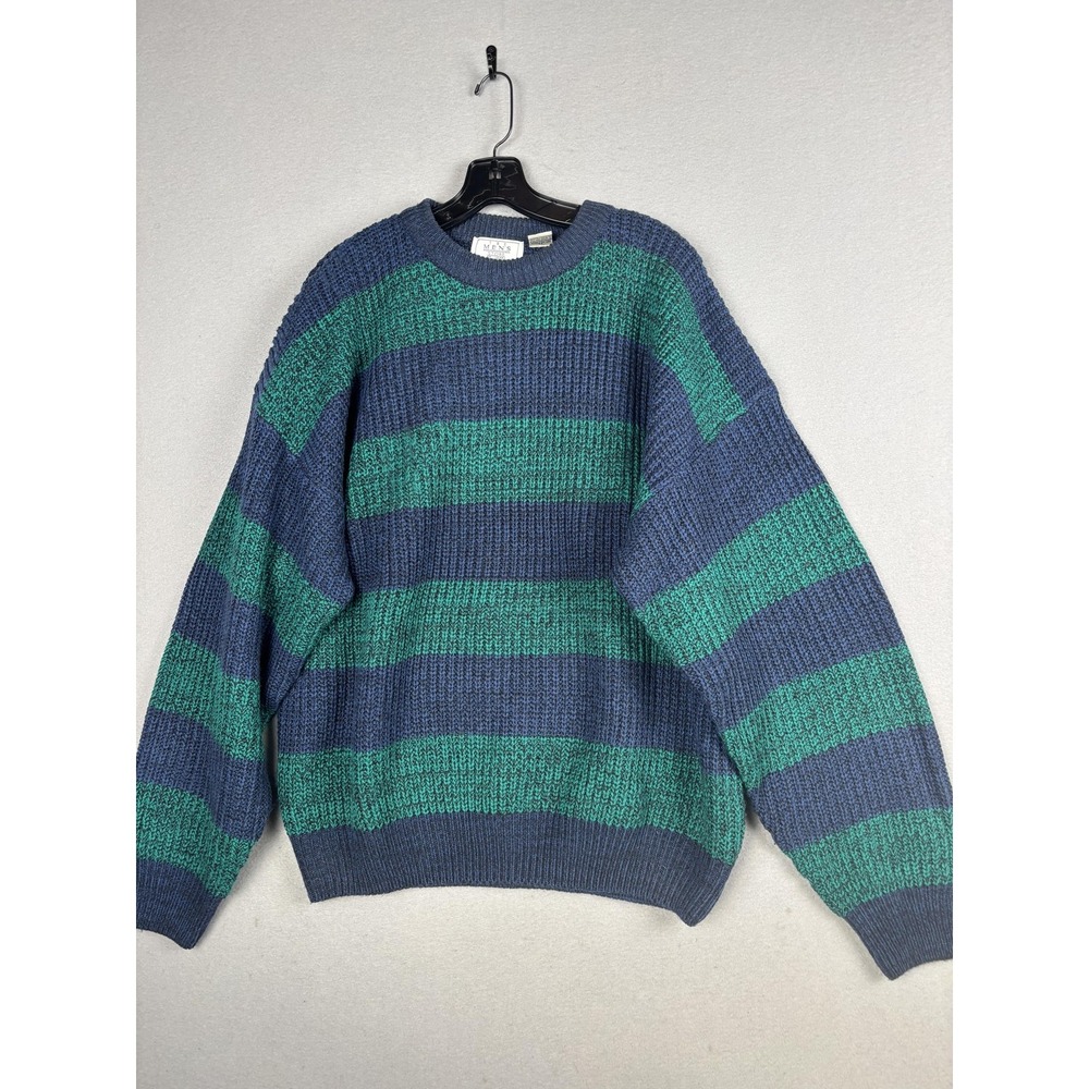 Vintage Mens Store At Sears Sweater Mens XL Blue Green Stripe Knit Crewneck